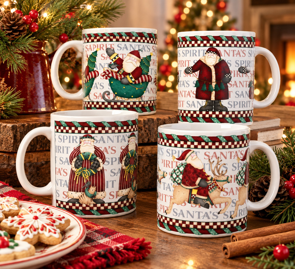 Vintage Debbie Mumm Santa’s Spirit Mugs Set 4 Sakura Oneida Christmas 2000s